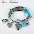 Bracelet pampille chenille avec perles de verre et pierre - bleu/blanc